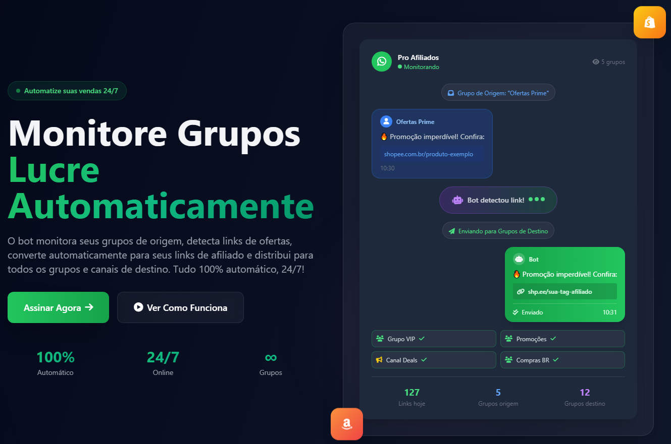 ProAfiliados Screenshot do projeto ProAfiliados - Plataforma completa de afiliados com automação via WhatsApp, sistema de pagamentos PIX integrado e dashboard em tempo real.